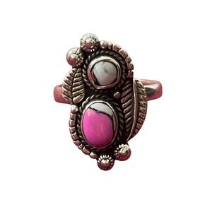 Sterling Silver Cotton Candy Pink White Stone Leaf Southwestern style Ring Sz 9